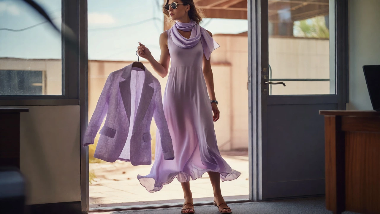 Woman with silk scarf and linen blazer transitioning indoors to outdoors