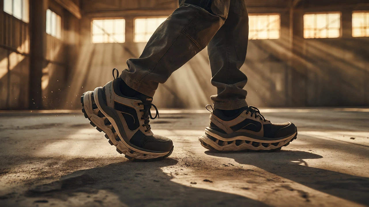 Worker walking in cushioned athletic shoes on concrete floor