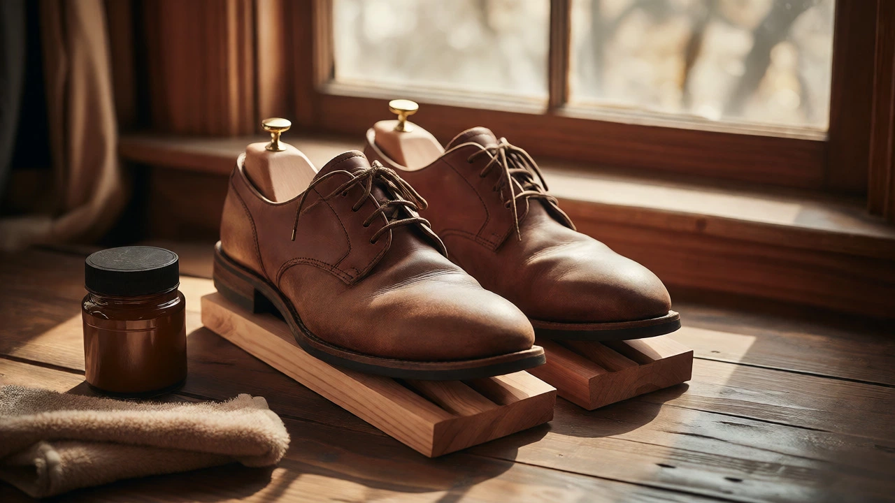 Worn leather shoes on cedar trees with conditioner nearby