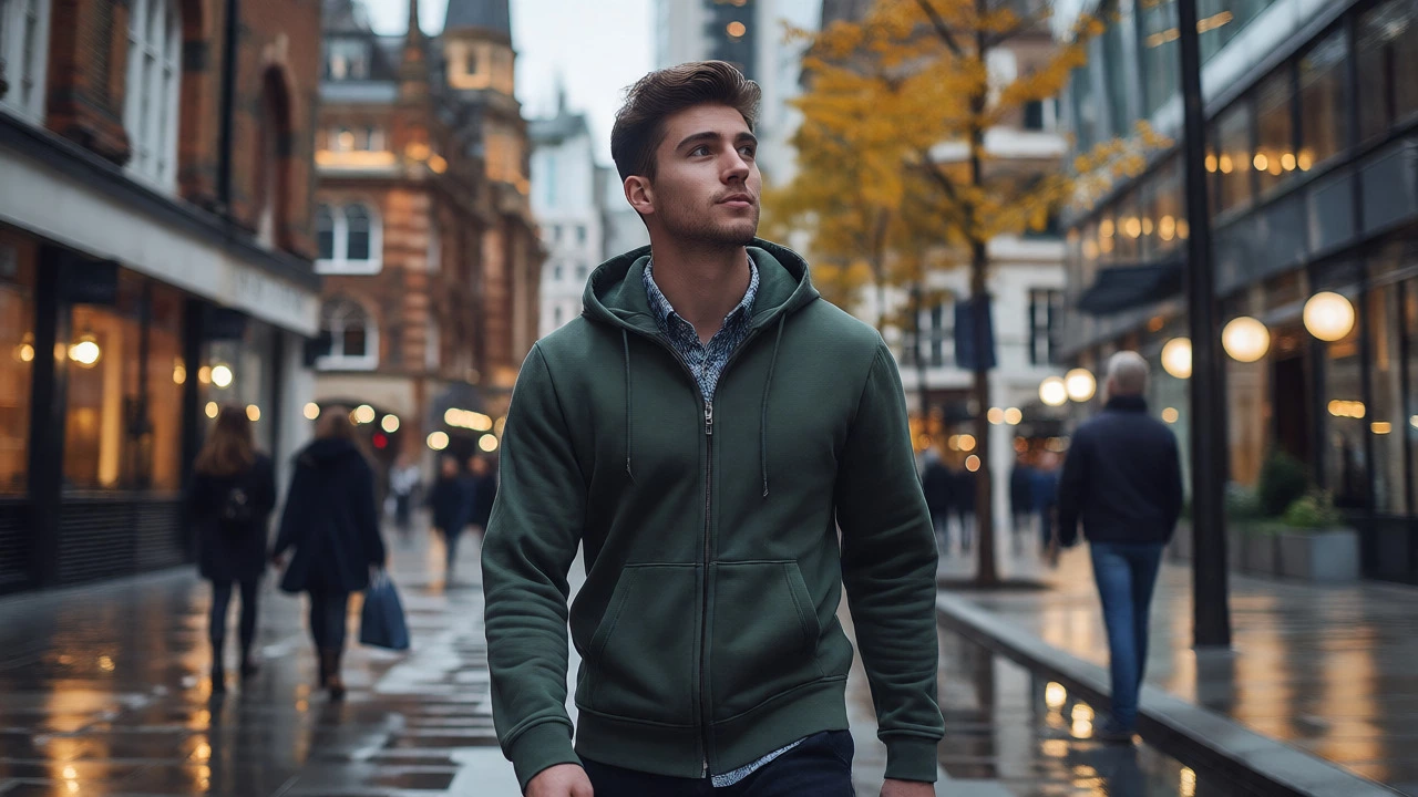 Young adult wearing a stylish zip-up hoodie in a city