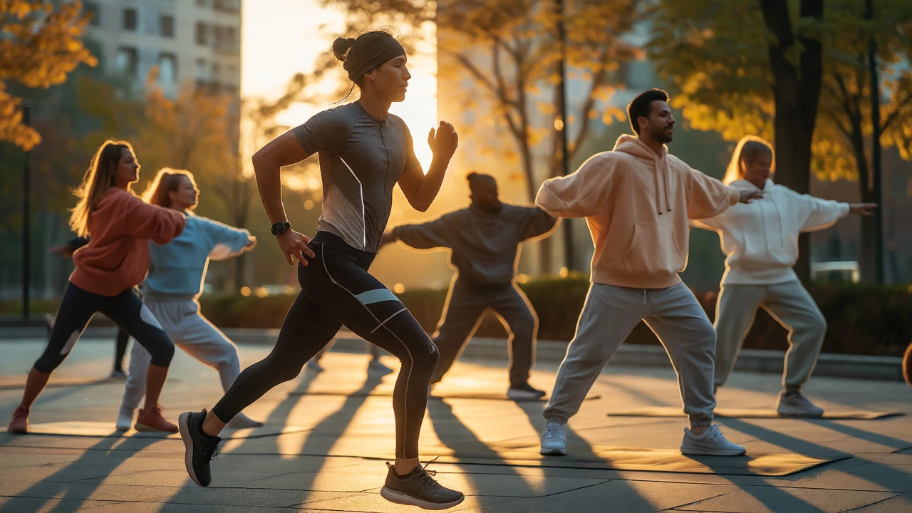 A sprinter in compression gear running past people doing yoga in stylish athleisure wear.