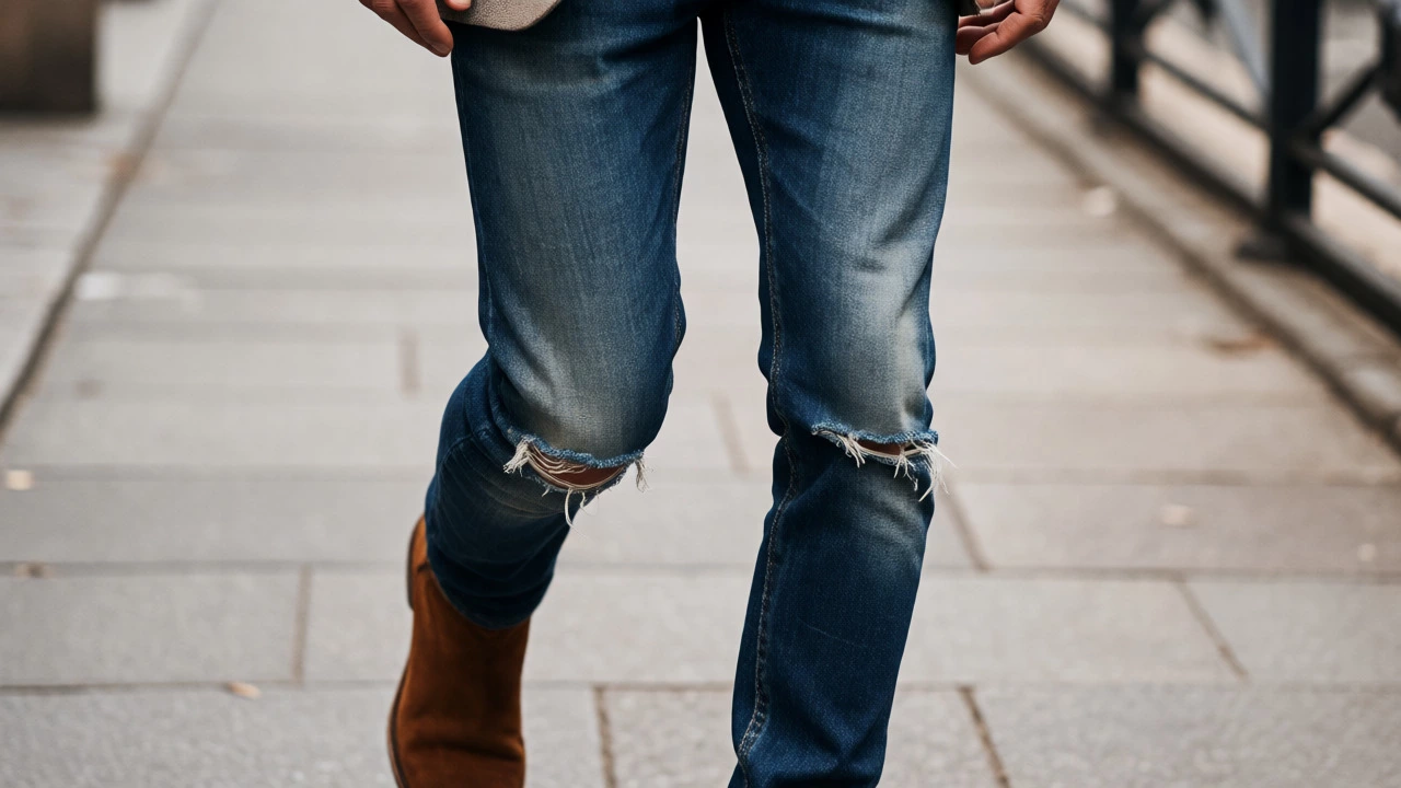 Close-up of mature legs in straight-leg ripped jeans paired with brown leather ankle boots