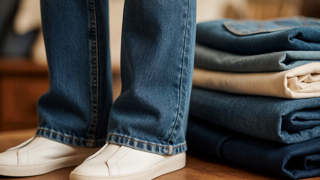 Close-up of well-fitted medium blue jeans and sneaker details