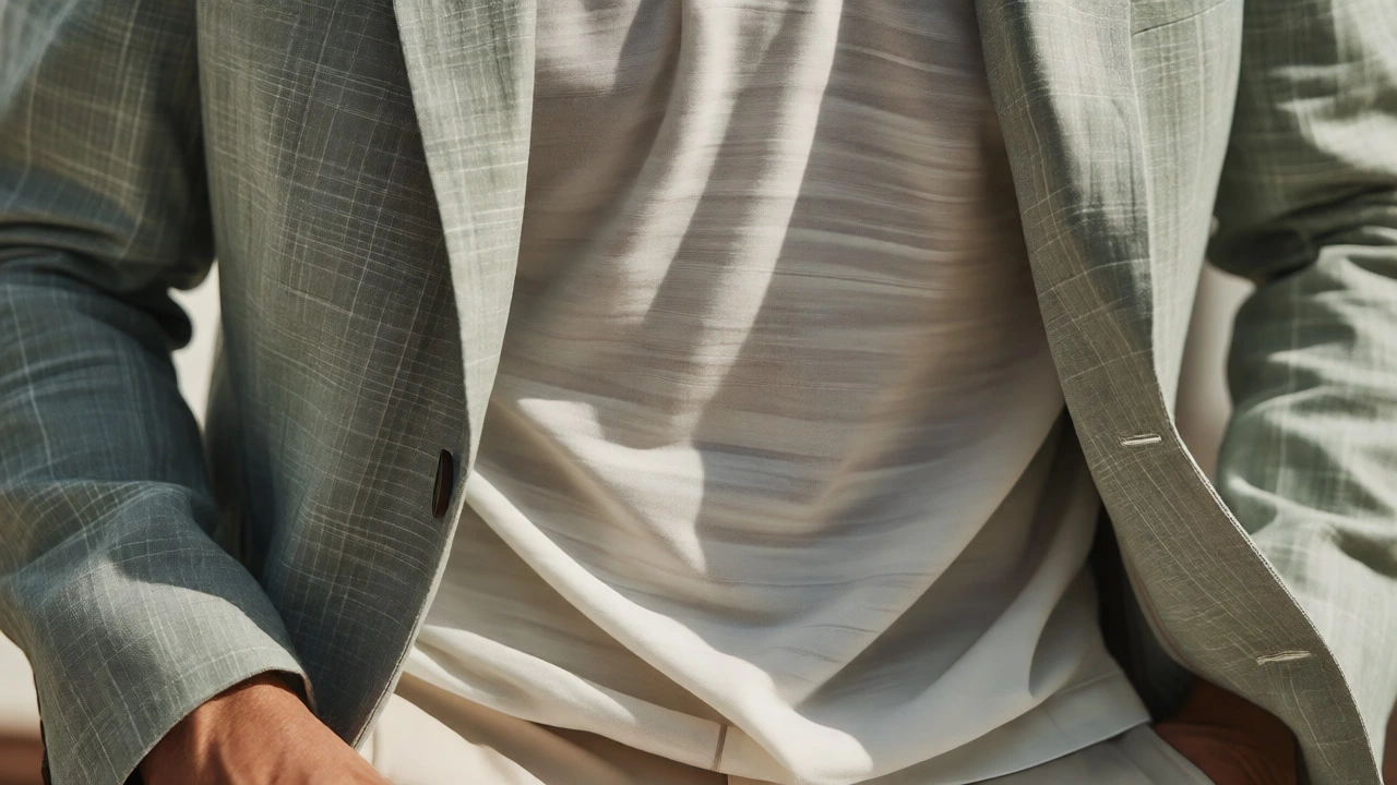 Detail of tropical wool blazer and Tencel polo