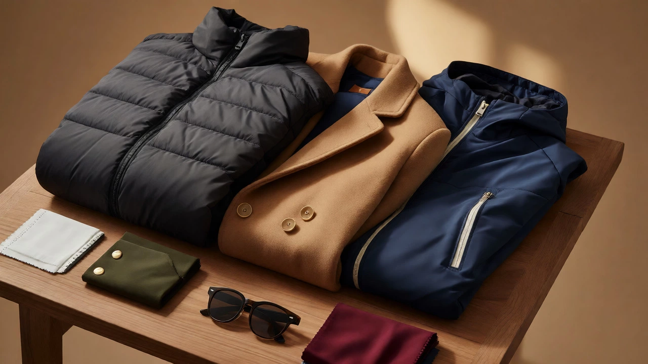 Folded gray, camel, and navy jackets with accessories on a table