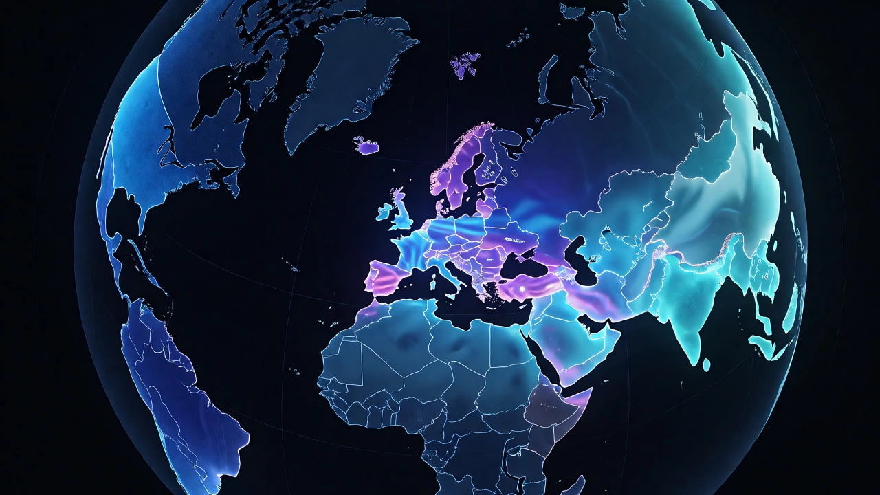 Glowing globe visualization highlighting regional denim market leaders in North America, Europe, and Asia.