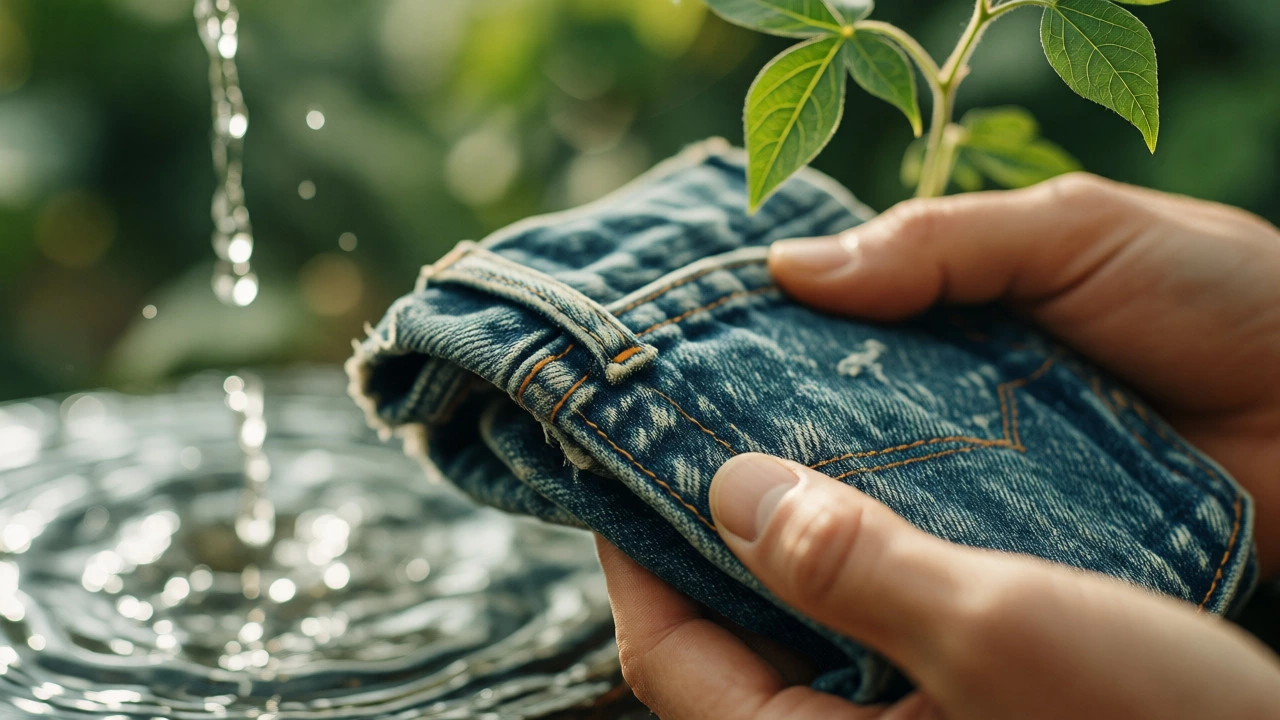 Hands holding vintage denim fabric with blurred background elements of water and cotton plants for sustainability.