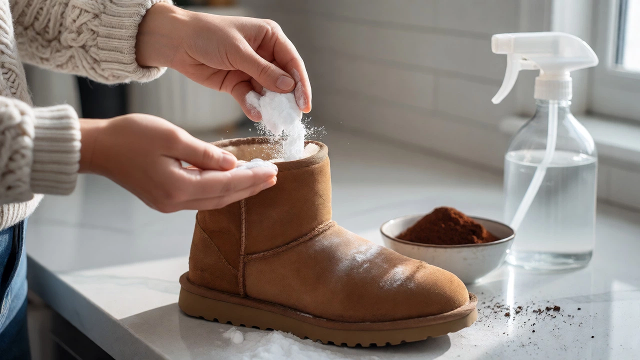 Hands sprinkling baking soda into a UGG boot with cleaning supplies nearby