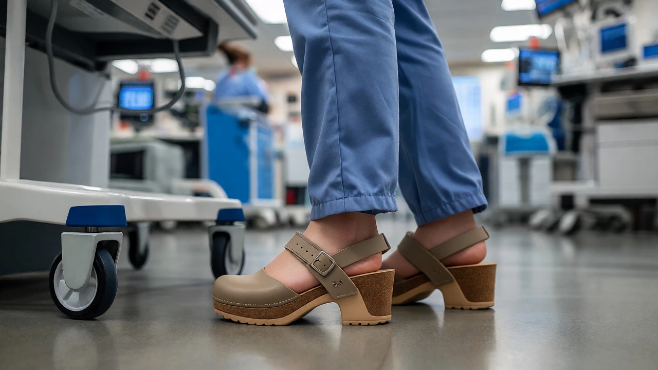 Healthcare worker wearing ergonomic nursing clogs
