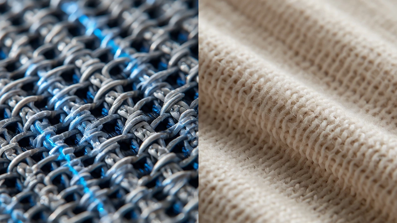 Macro comparison of moisture-wicking synthetic sportswear fabric versus soft cotton-blend activewear.