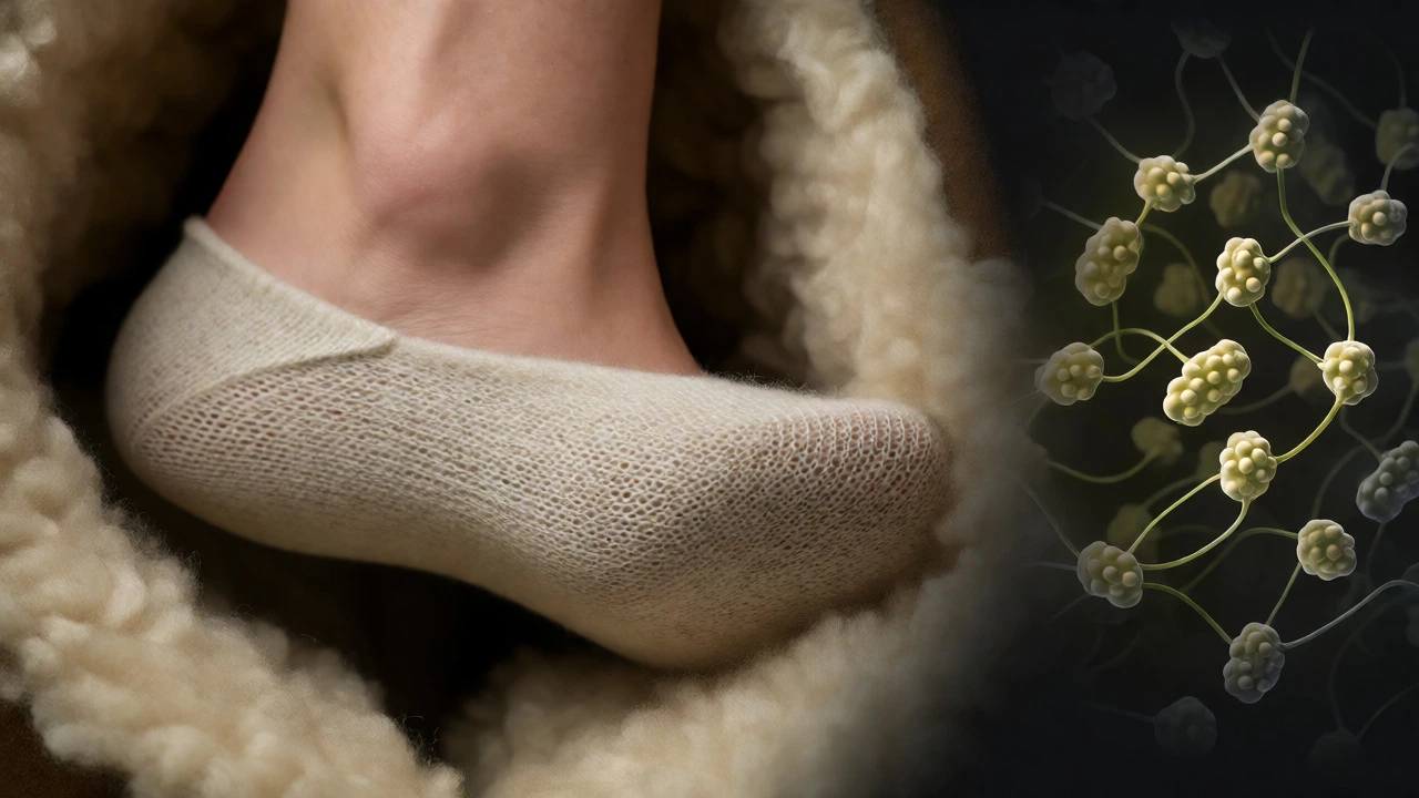 Macro view of a foot in a sock entering a boot next to bacteria visualization