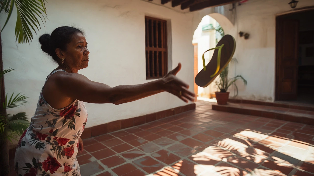 Mother throwing a flip-flop in a sunny courtyard