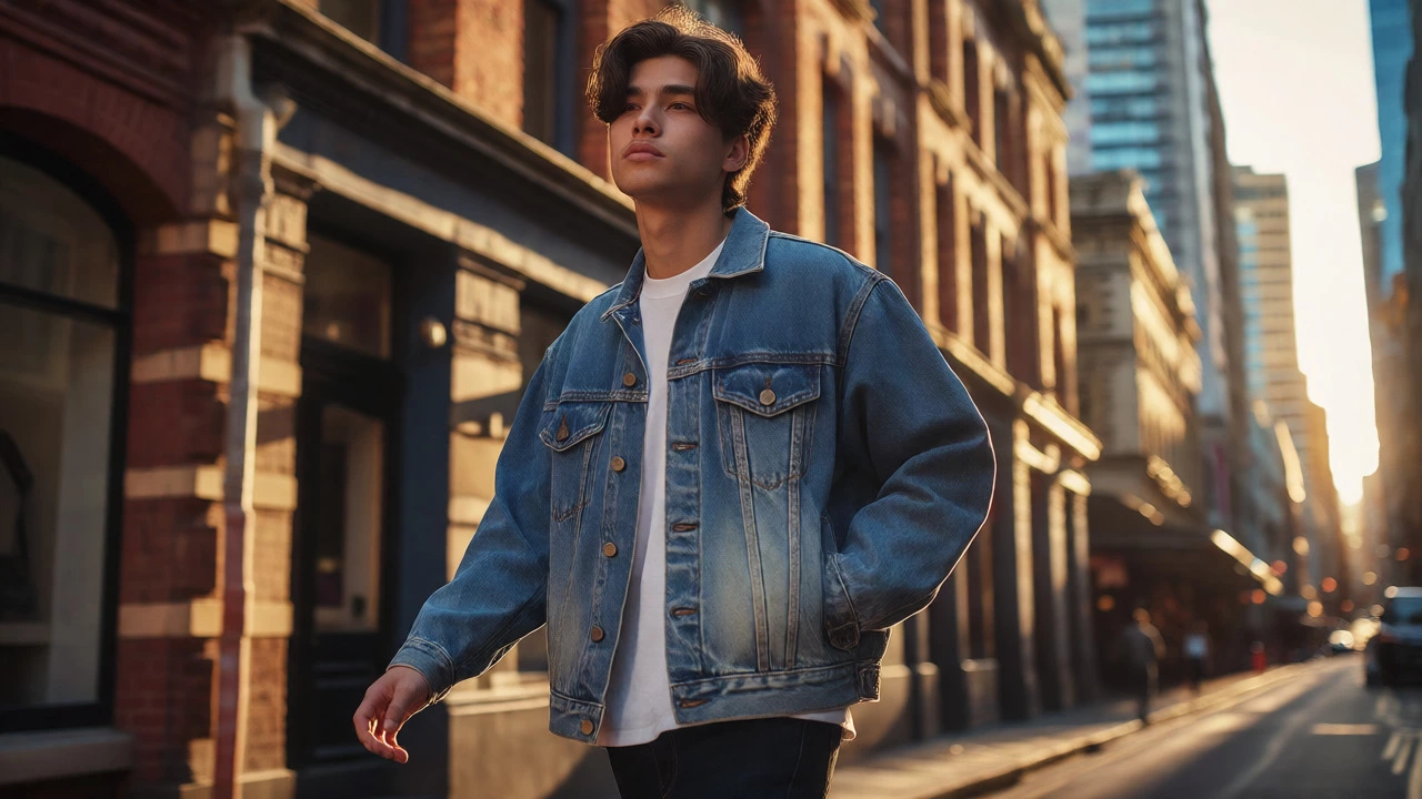 Person wearing a Y2K denim jacket on a city street