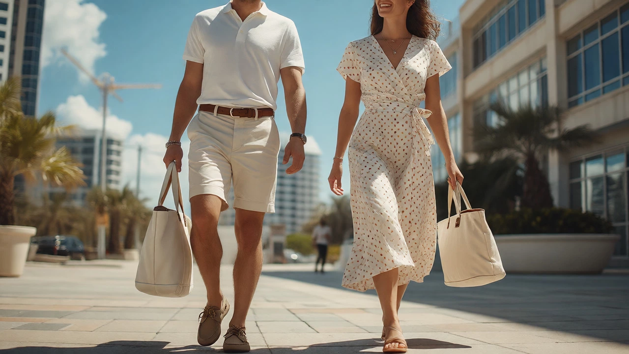Professionals in summer attire walking outdoors