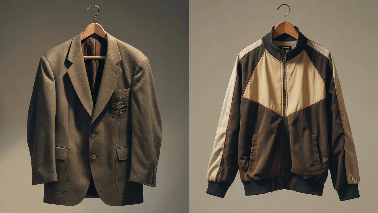 Side-by-side comparison of vintage wool and retro polyester jackets