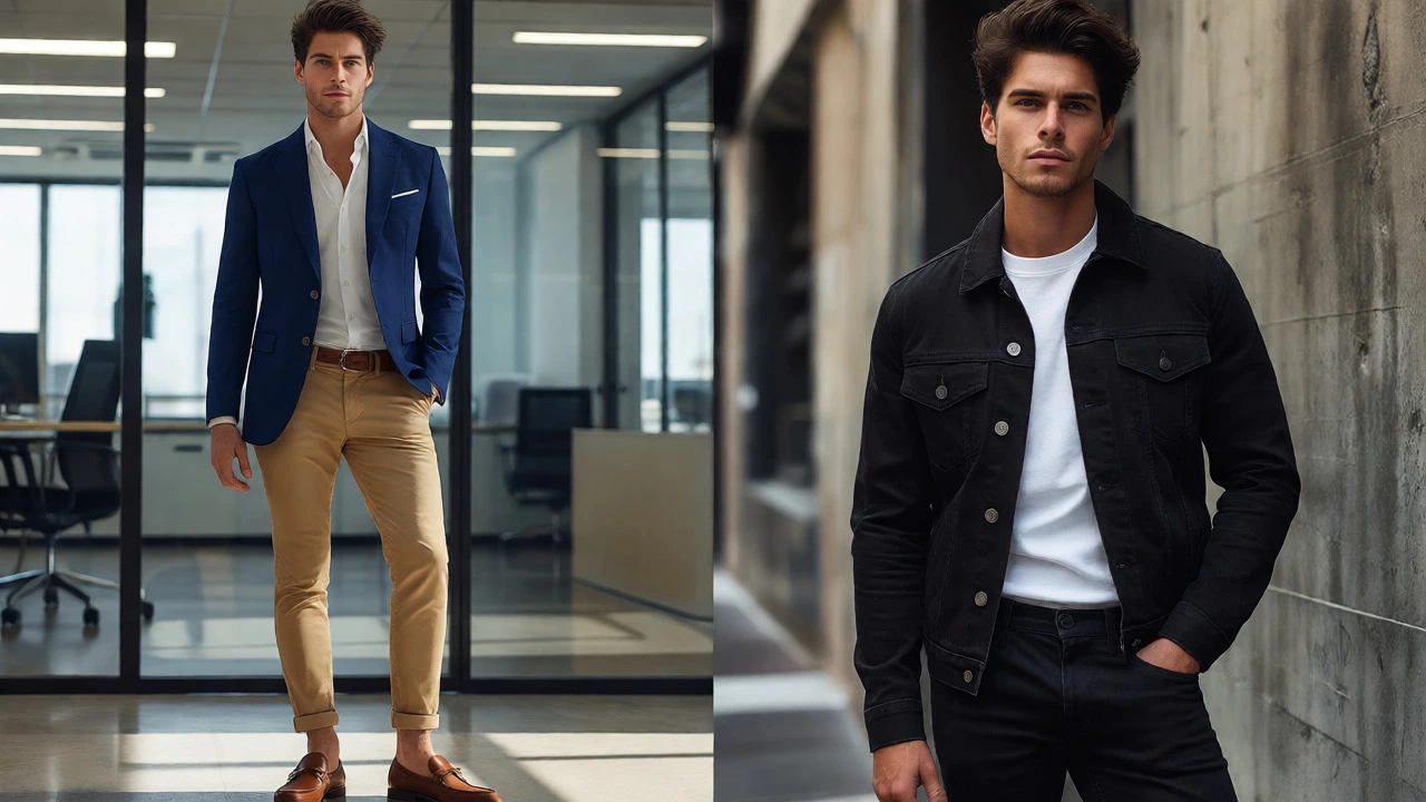 Split view of navy blazer in office and black denim jacket on street