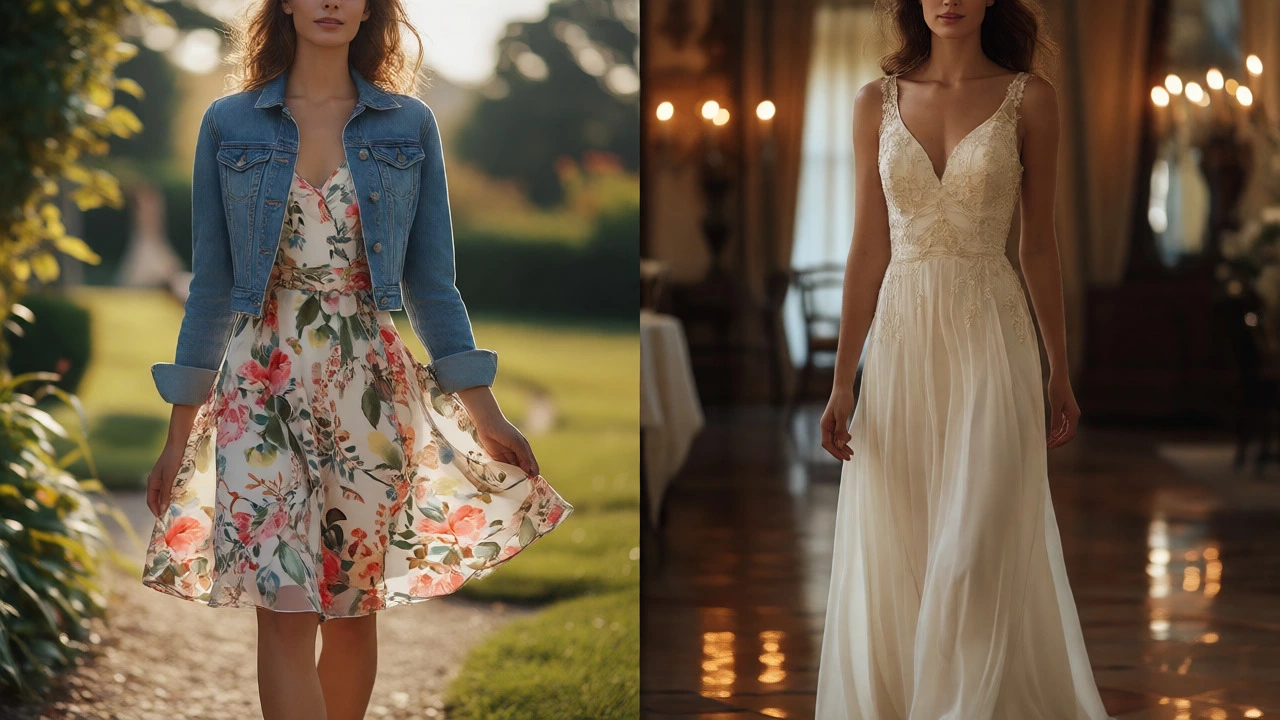 Split view showing a casual day dress in sunlight versus a formal gown indoors.