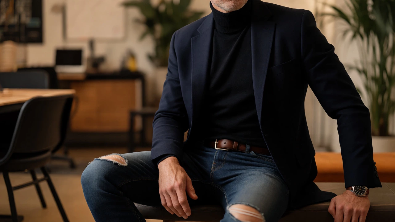 Stylish man in his 50s wearing dark ripped jeans, turtleneck, and blazer in a creative office