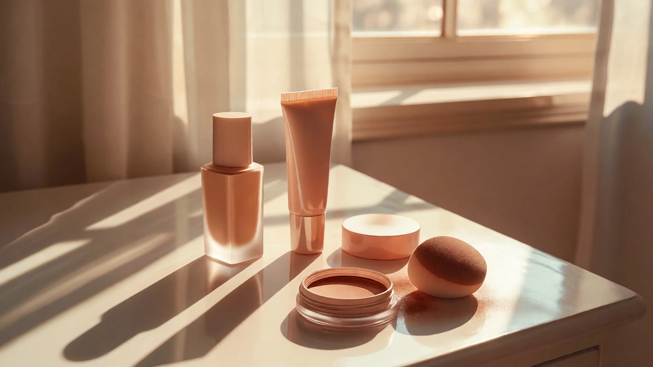 Summer makeup essentials including foundation, tinted moisturizer, and bronzer arranged on a sunlit vanity table.