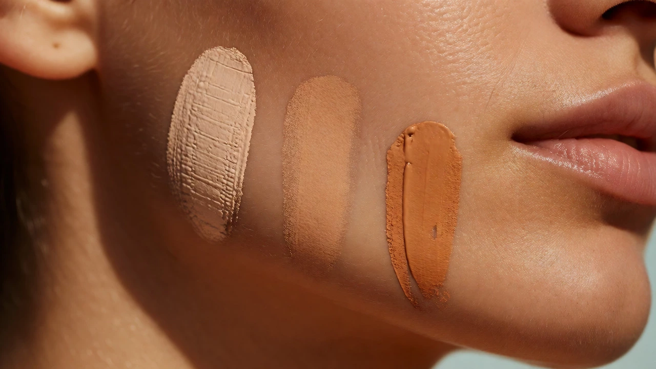 Three foundation swatches on a jawline where the middle shade blends perfectly while others appear too light or dark.