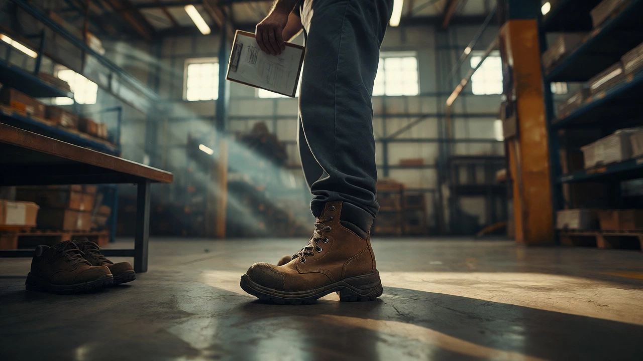 Warehouse worker in durable work boots on concrete