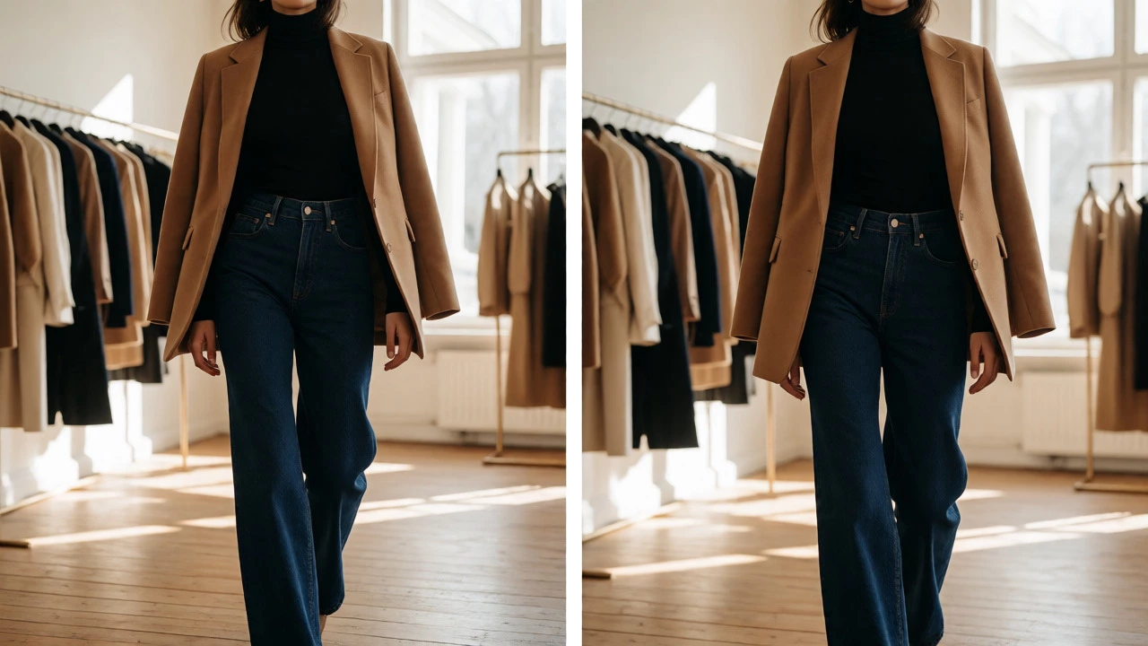 Woman in wide-leg navy jeans and blazer walking in a boutique